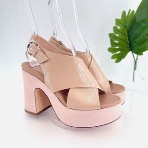 AGL Womens Platform Sandals Beige Patent Leather Wooden Heel Slingback 37 7
